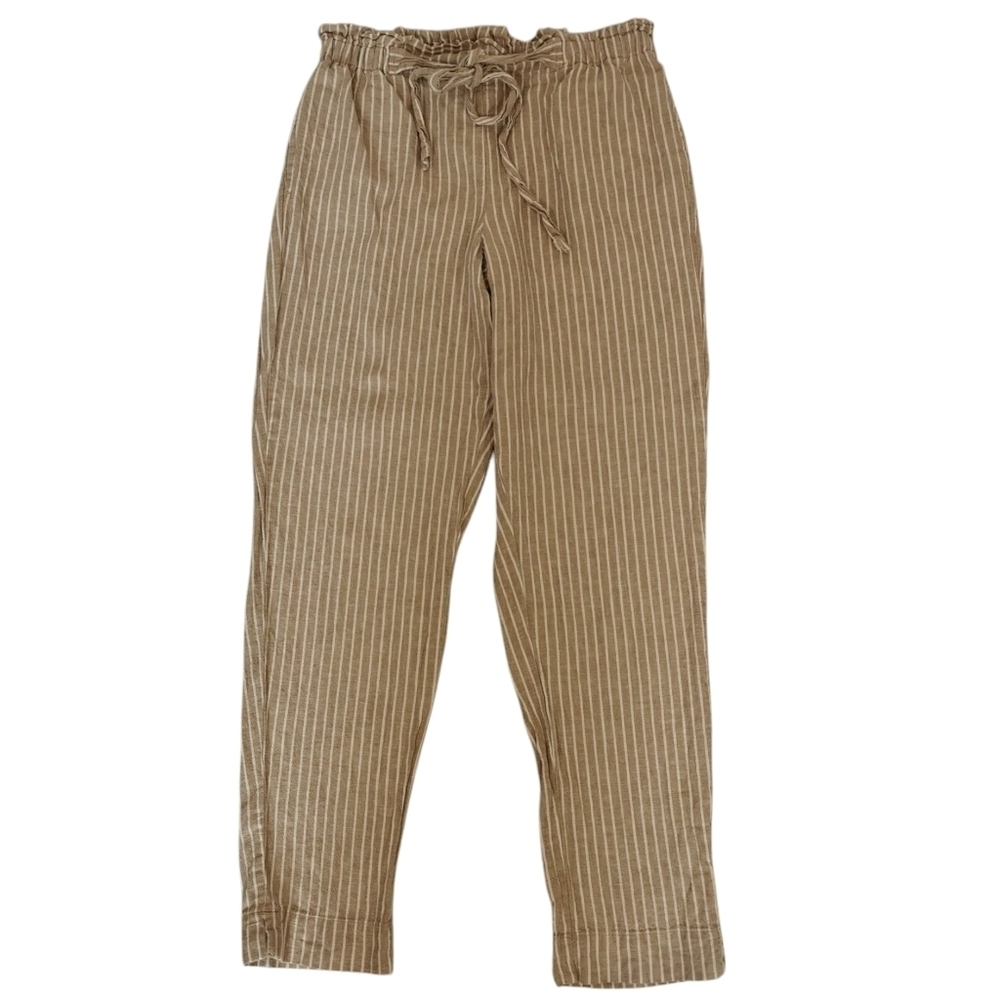 Beach Lunch Lounge Linen Blend High Rise Tapered Crop Pants in Tan/White - Sz S